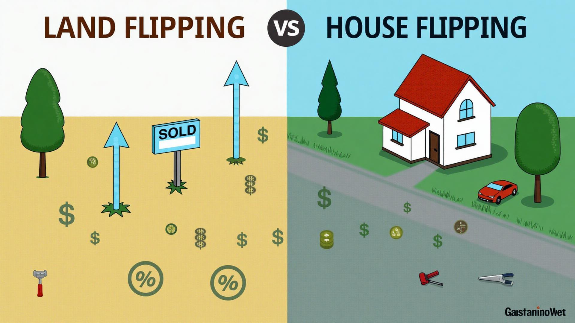 Land flipping vs house flipping profitability comparison showing split scene with vacant land and house renovation with profit charts