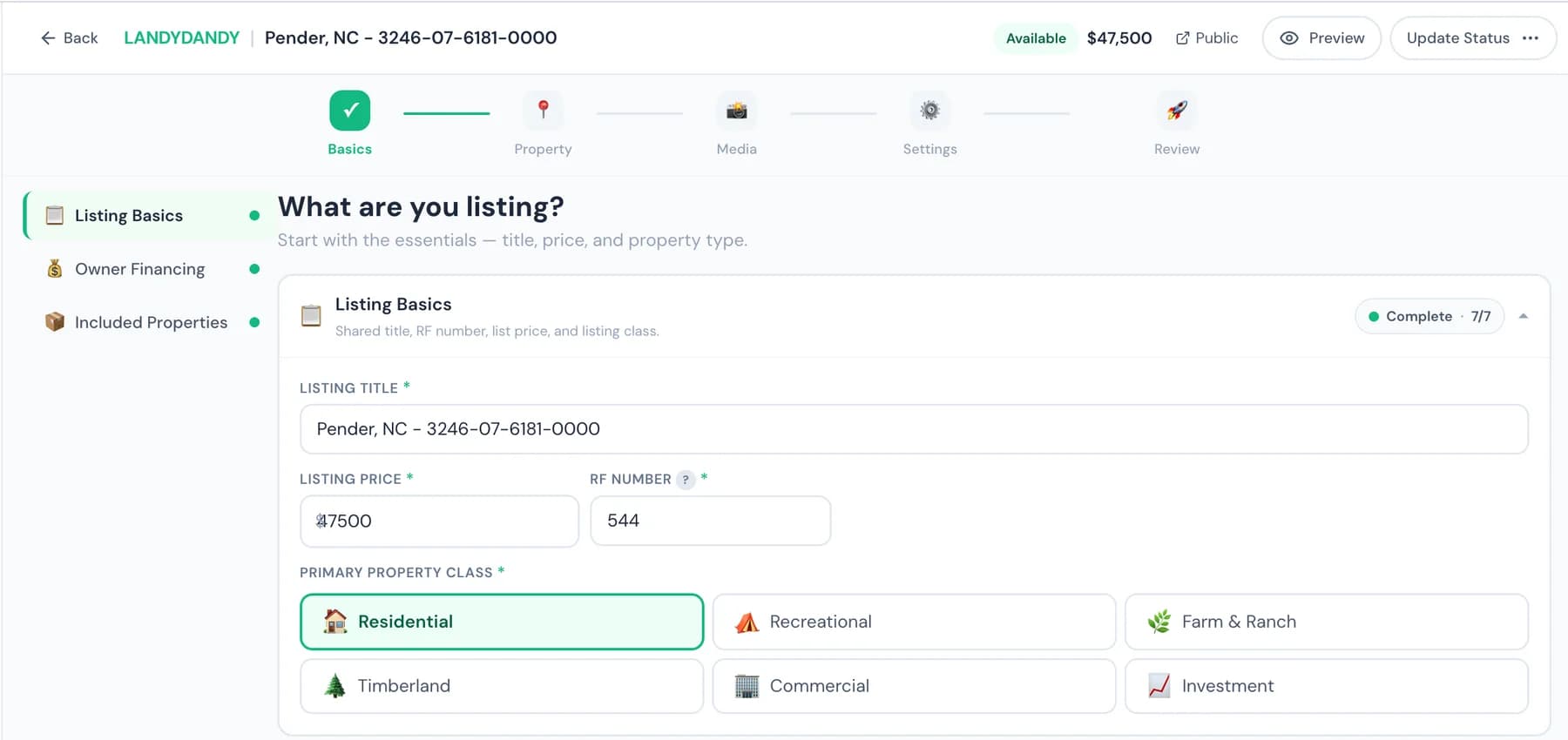 Seller listing basics form with title, price, RF number, and property class options.