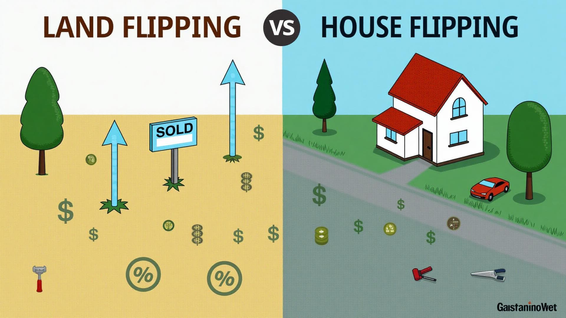Land flipping vs house flipping profitability comparison showing split scene with vacant land and house renovation with profit charts