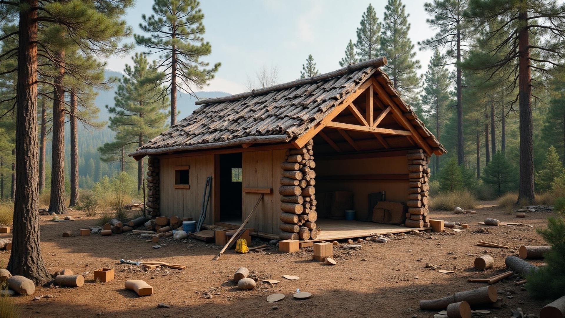 Shelter building on vacant land - Construction of rustic wooden shelter in natural outdoor setting with building materials and tools