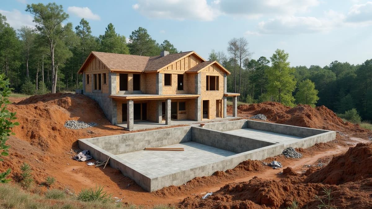 Construction site showing steps to building house on raw land