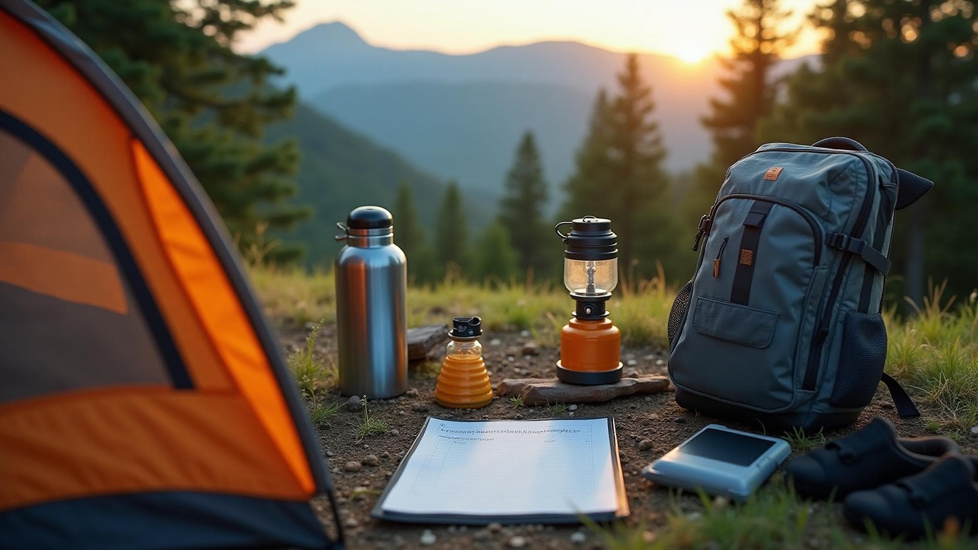 Camping gear checklist with tent, backpack, and essential outdoor equipment