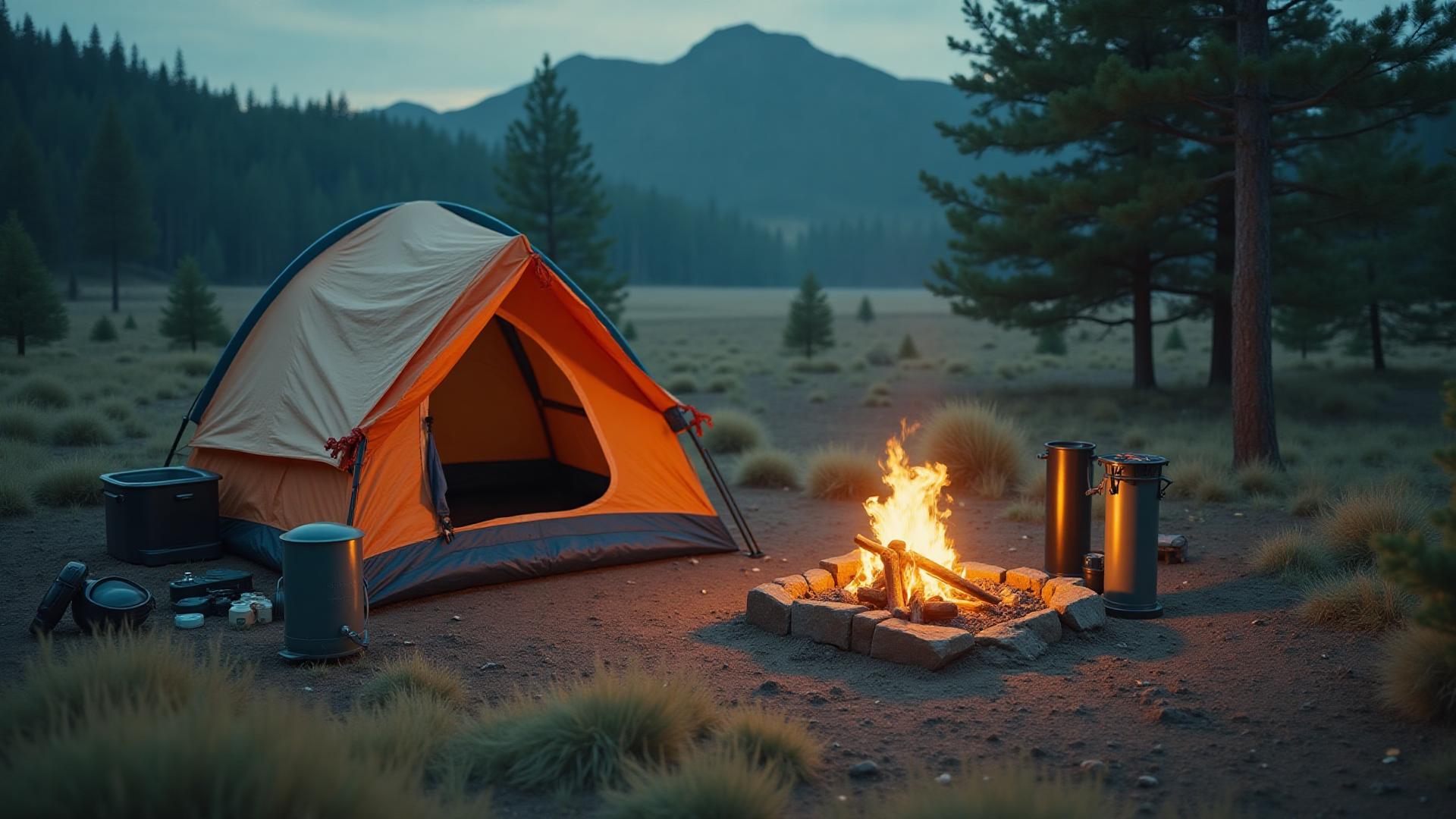 Professional camping survival setup with tent, campfire, and essential gear on vacant land